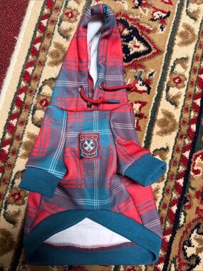 DIXXON Red Plaid Dog Hoodie with Teal Accents